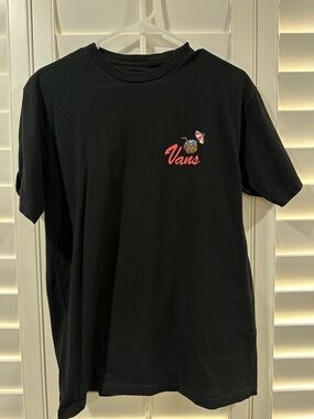 Vans Black Tee with Small Red Logo and Surf Graphic